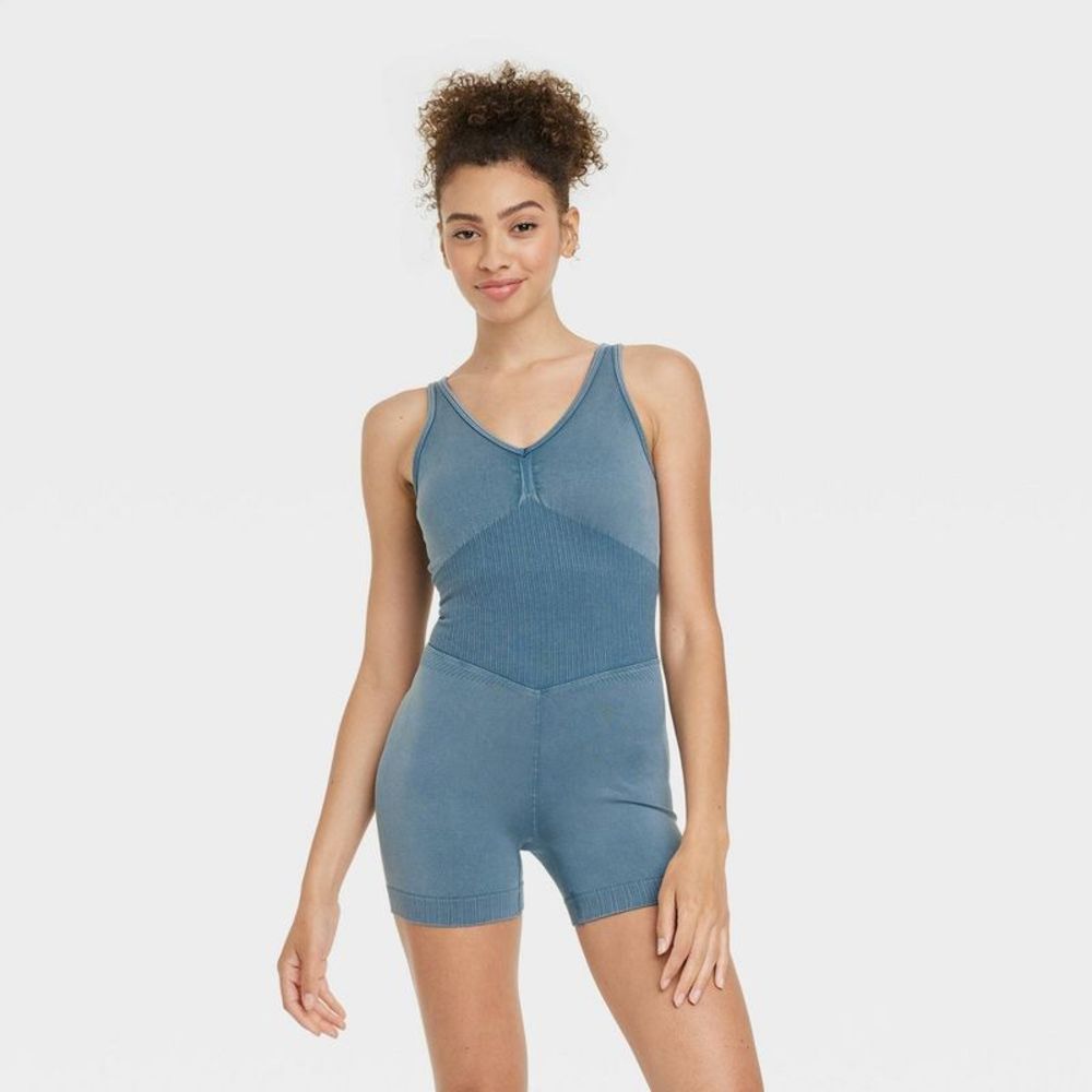 JoyLab Blue Seamless Ribbed Tank Romper